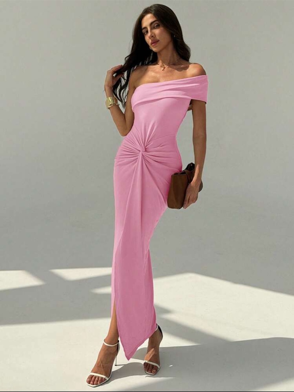 Off-Shoulder Pink Twist-Front Maxi Dress
